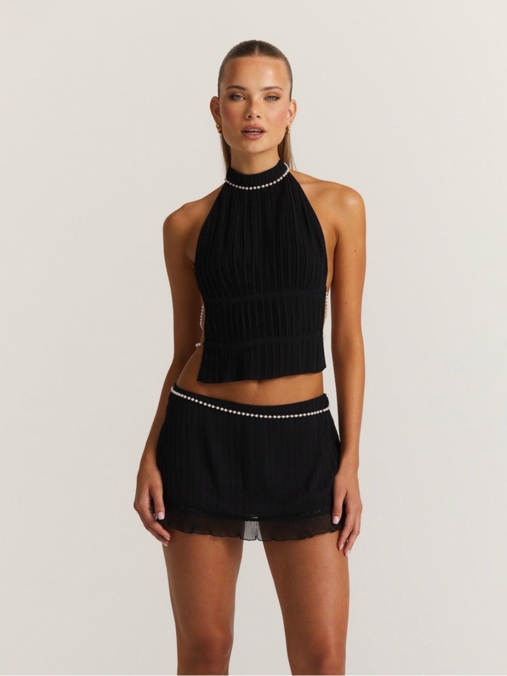 NEW Sasha Therese Perla Black Pearl Chain Halter Top & Mini Skirt Set